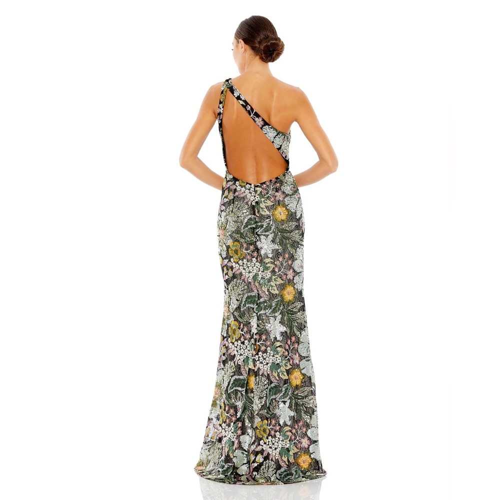 Mac Duggal Floral One-Shoulder Maxi Dress - Green and Gold - Picture 2 of 7
